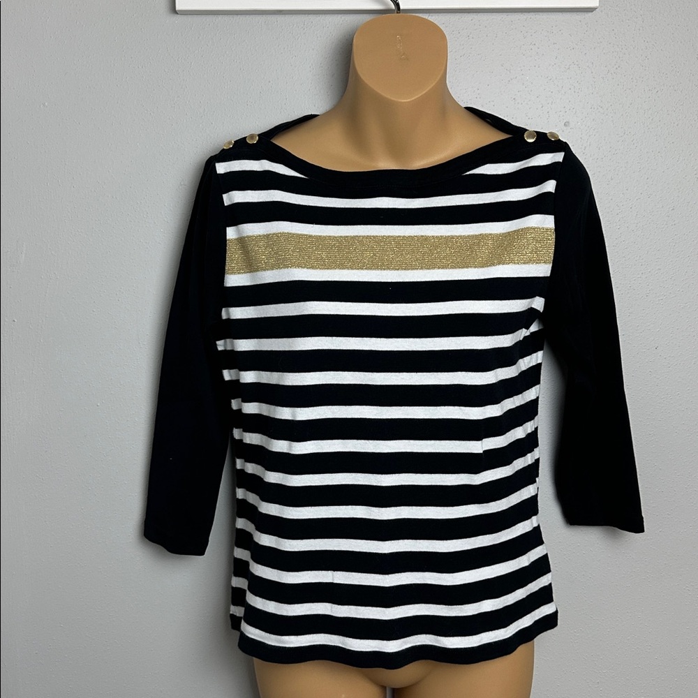Lauren Ralph Lauren Black & White Striped Long Sleeve Top with Gold Stripe